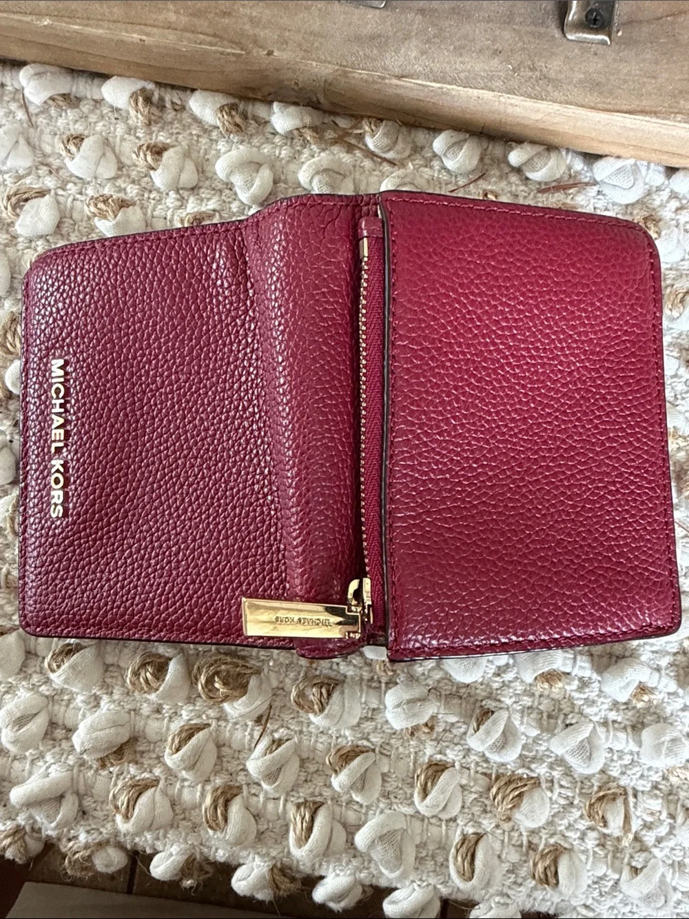 Michael Kors Pebbled Leather Wallet in Wine Red with Gold Logo